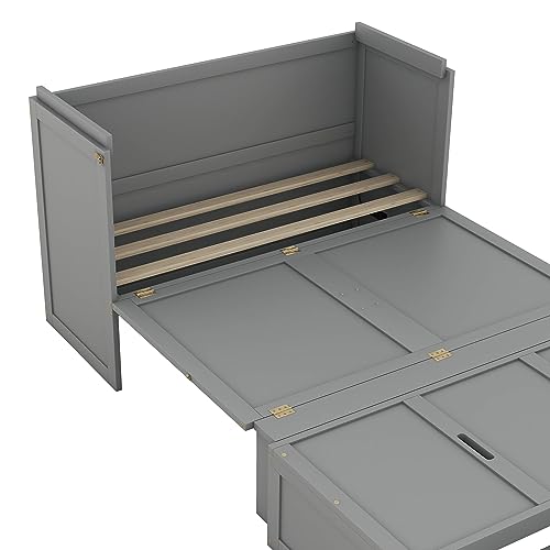 Queen Size Murphy Bed with Shelves and LED Lights, Foldable Wall Bed Frame, White-AB39 C474844