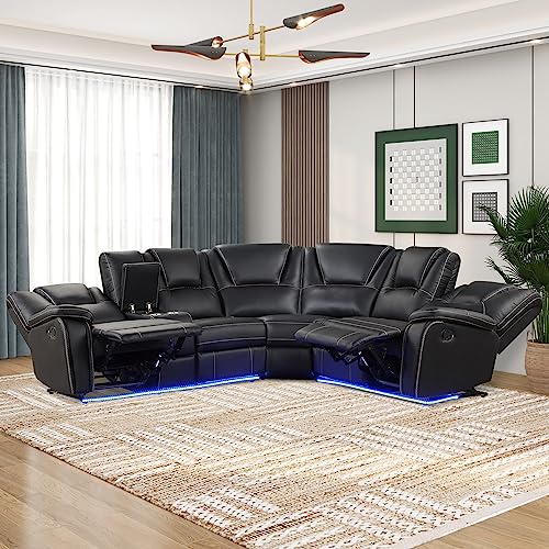 PU Leather Manual Reclining Sectional Sofa with Cup Holders, Brown E3190
