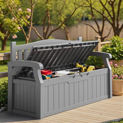Homall 75 Gallon Outdoor Storage Bench Lockable Deck Box Waterproof UV Resistant Grey D354316
