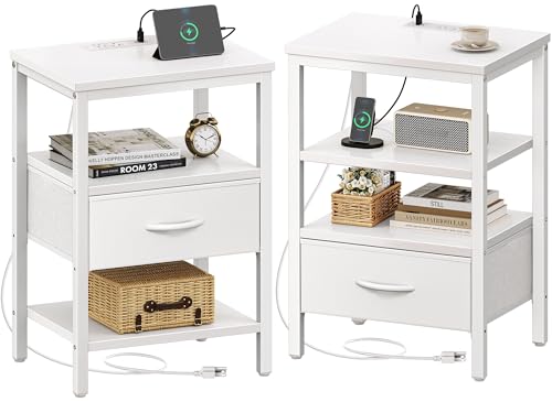 SUPERJARE Nightstand with Charging Station, Fabric Drawer, 3-Tier Storage, Walnut K366263