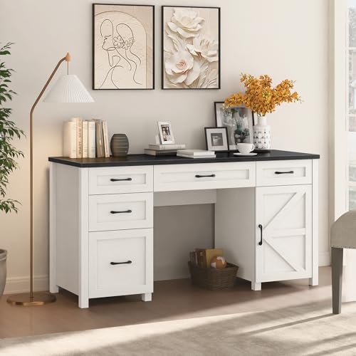 Farmhouse 61" Executive Desk with 5 Drawers and Charging Station, Pure Black W116439