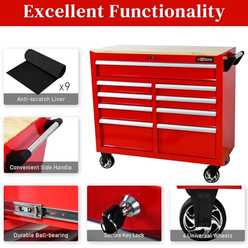 Heavy Duty 9-Drawer Rolling Tool Chest with Wood Top, Black K54490