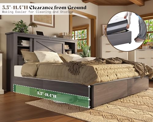 AMERLIFE King Bed Frame with Bookcase Headboard and Charging Station V4787