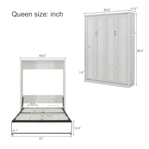 Queen Size Murphy Bed with Side Cabinet Storage Shelf, Rustic White X5267