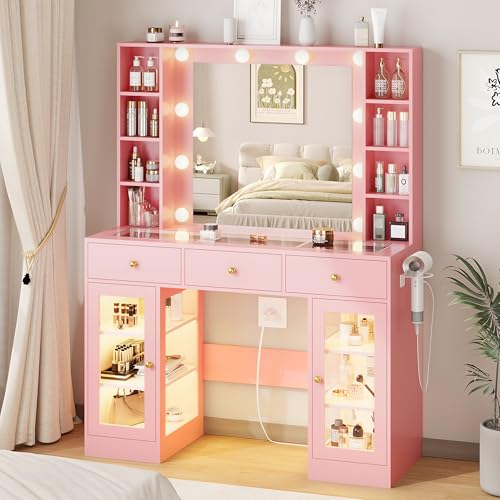 White Vanity Desk with Mirror and Lights, Glass Top, 3 Drawers V863482