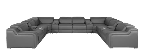 Ibero 12-Piece Italian Leather Sectional Sofa Set with 4 Recliners, Light Gray E5124