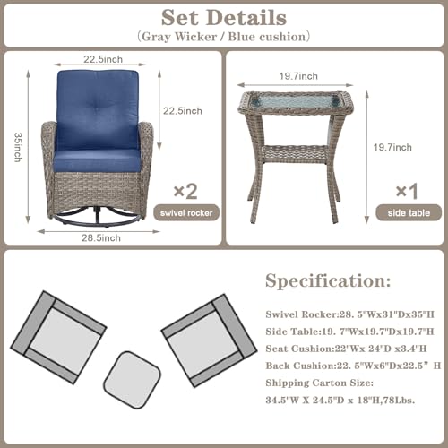 Outdoor Wicker Swivel Rocker Chairs Set of 2 with Rattan Side Table, Brown/Blue B592