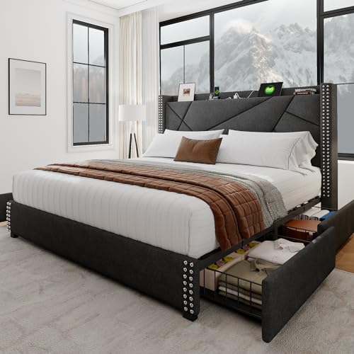 Upholstered Queen Bed Frame with 4 Storage Drawers and Charging Station, Light Grey K875