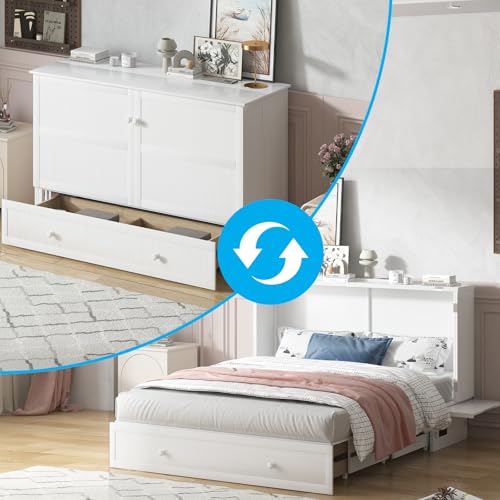 Mjkone Murphy Bed Queen Cabinet Bed with Tri-fold Mattress and USB Charging Station, White J746862