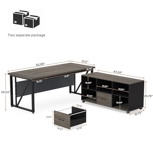 Tribesigns 63" Executive Desk with 47" Lateral File Cabinet, L-Shaped Computer Desk, Brown and Black N680173