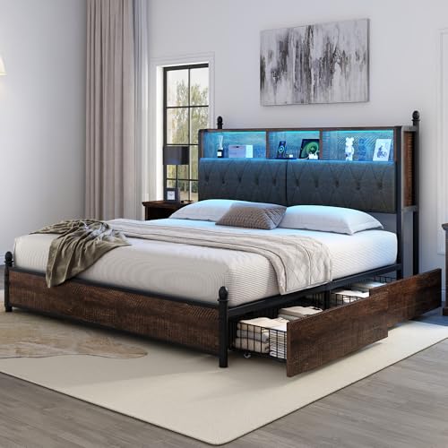 AMERLIFE Full Size Bed Frame with Bookcase Headboard, Charging Station, Rustic Brown H544