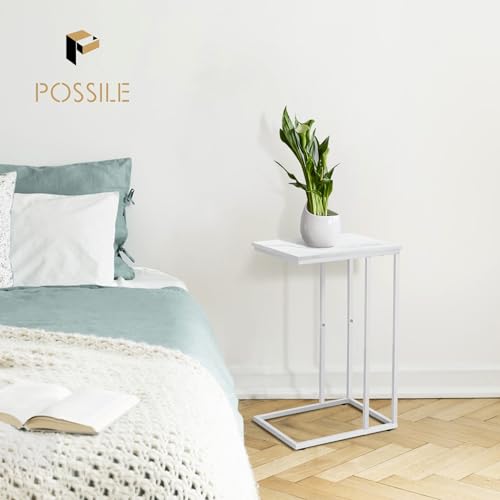 C Shaped Side Table Set of 2, Marble End Table for Sofa and Bed, White and Black O683294
