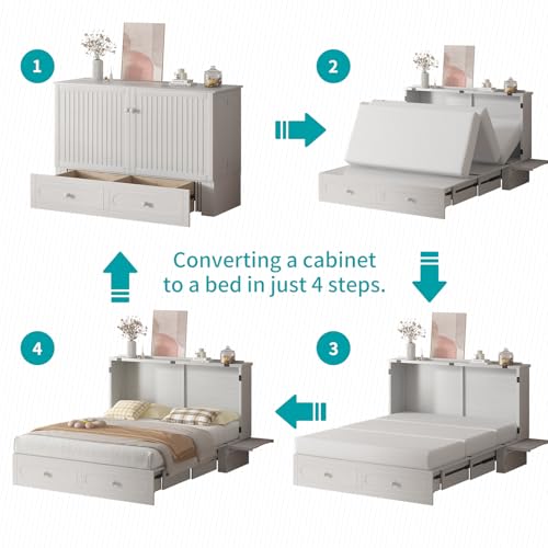 BALUS Murphy Cabinet Bed Queen with USB Charging Station, Tri-Fold Mattress, Dark Grey V81631