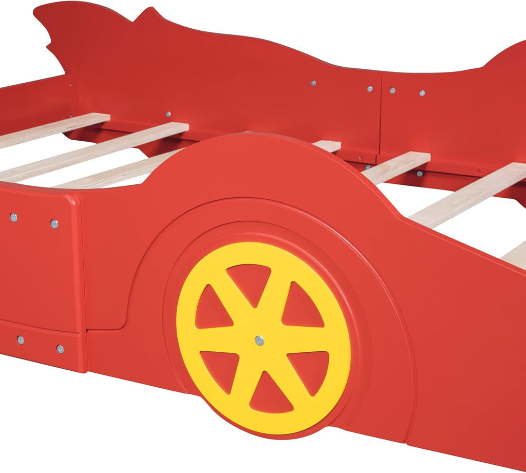 Full Size Red Wooden Race Car Platform Bed for Kids W34286