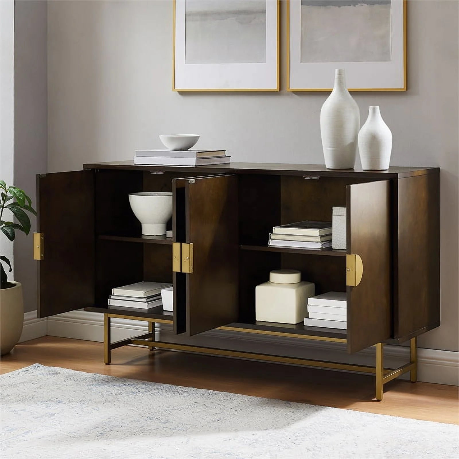 Crosley Furniture Blair Mid-Century Wood/Steel Sideboard, Dark Brown/Gold N739091