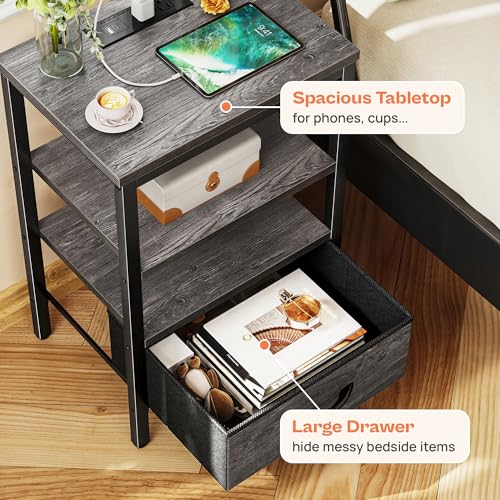 SUPERJARE Nightstand with Charging Station, Fabric Drawer, 3-Tier Storage, Walnut K366263