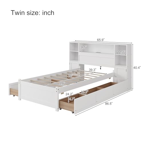 SOFTSEA Twin Size Captains Bed with 6 Storage Drawers and Bookcase Headboard, White H51434