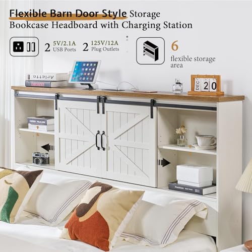 VanAcc Full Size Wooden Platform Bed with Bookcase Headboard and 2 Drawers O6158