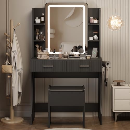 White Vanity Desk with LED Mirror and Storage Stool D5834