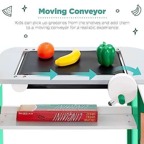 Pretend Play Grocery Store Wooden Supermarket Toy Set for Kids with Play Food, Cash Register, Conveyor - Red I3448