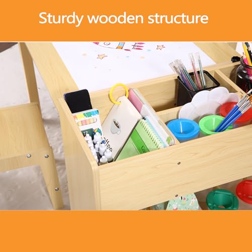Kids Art Table with 2 Chairs, Toddler Craft Wood Activity Desk with Storage Shelves O767611