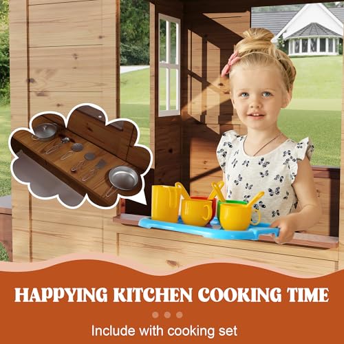Cedar Wooden Kids Playhouse with Play Kitchen and Vinyl Roof U118424