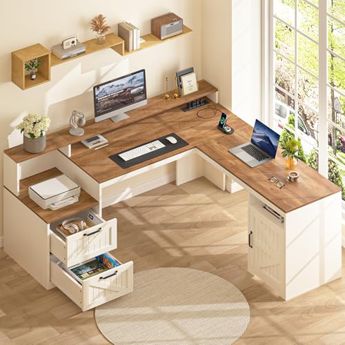 63" Farmhouse L Shaped Desk with Drawers, Power Outlets & Storage Shelf Q538
