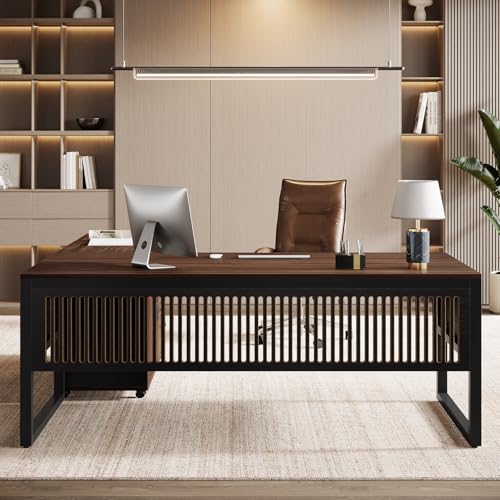 Tribesigns 63-Inch L-Shaped Executive Desk with Mobile File Cabinet, Dark Walnut & Black Z695