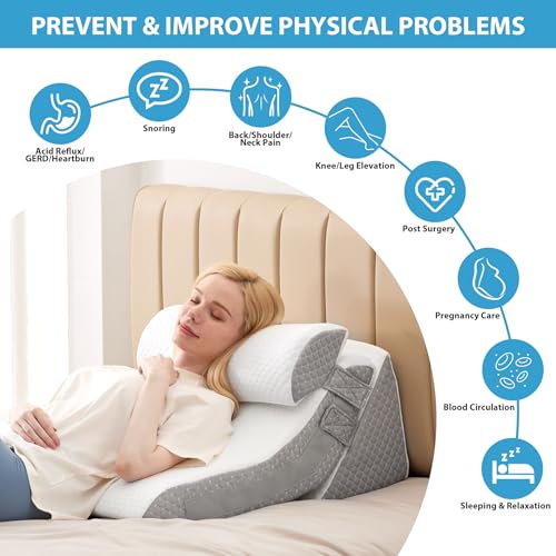 Bed Wedge Pillow for Sleeping, 9 & 12 Inch Adjustable, Memory Foam, White/Grey V501