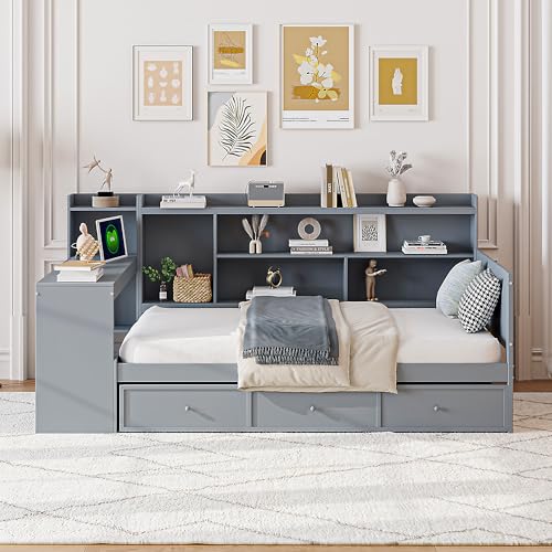 Bellemave Twin Corner Bed Frame with Storage Shelves and Desk, Gray L74206