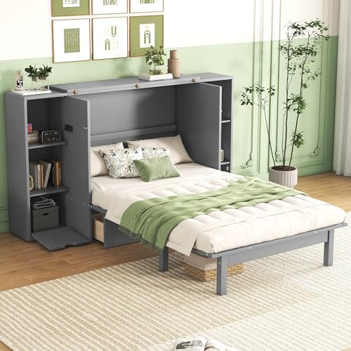 Ball & Cast Queen Size Solid Pine Murphy Bed with Charging Station, White + Walnut P2075
