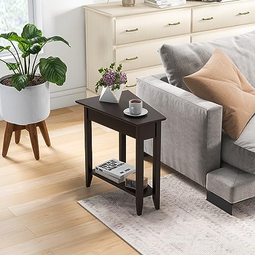 Giantex Wedge End Table with Storage Shelf, Solid Wood Legs, Espresso W87090