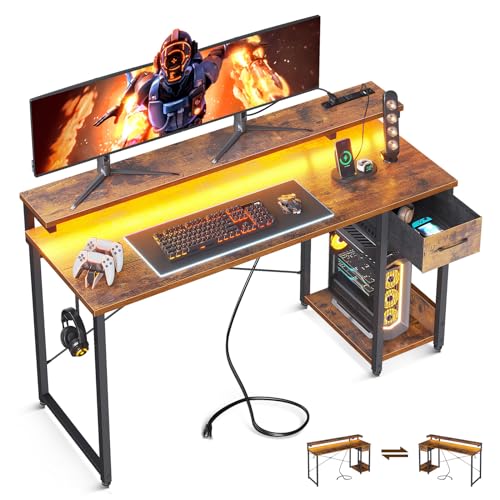 AODK Gaming Desk with LED Lights & Power Outlet, 40 Inch, Black T67329