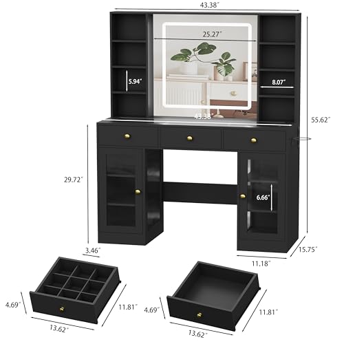 White Vanity Desk with Mirror and Lights, Glass Top, 3 Drawers V863482