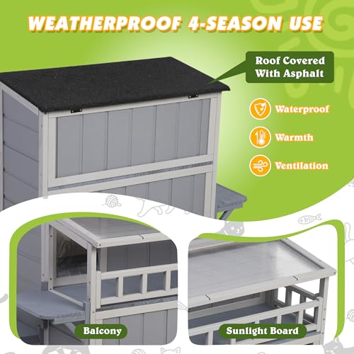 Warm Wood Cat Shelter with Sunlight Roof for Outdoor Use J791