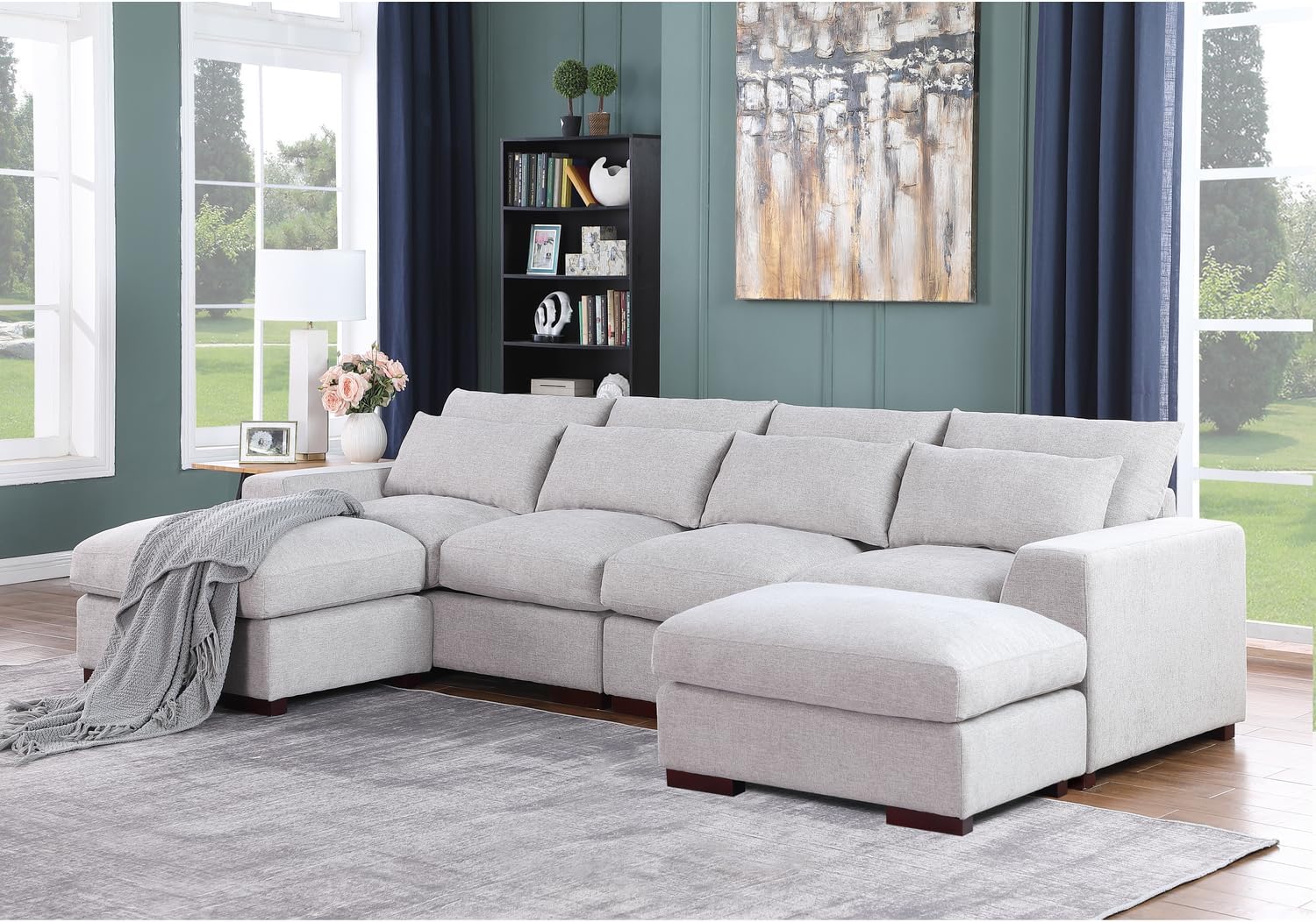 Devion Furniture Reversible Modular Sectional Sofa with Ottoman, Light Gray A94406