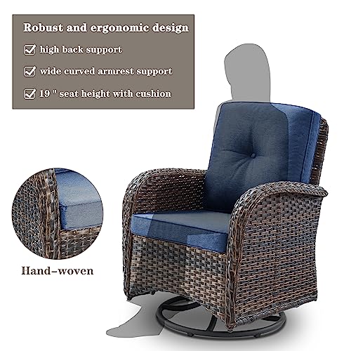 Outdoor Wicker Swivel Rocker Chairs Set of 2 with Rattan Side Table, Brown/Blue B592