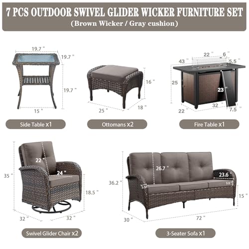 Outdoor Wicker Swivel Rocker Chairs Set of 2 with Rattan Side Table, Brown/Blue B592