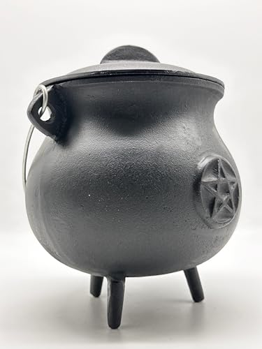 X-Large Pentacle Cast Iron Cauldron with Lid and Handle, 7.5" Diameter I70629
