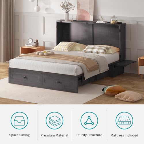 BALUS Murphy Cabinet Bed Queen with USB Charging Station, Tri-Fold Mattress, Dark Grey V81631