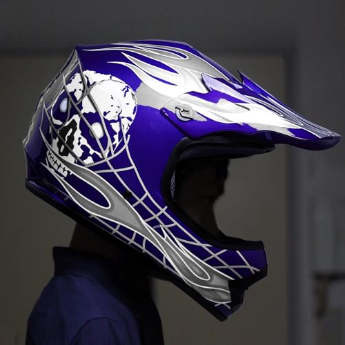 SLMOTO Dot Youth Kids Motocross Offroad Helmet with Goggles and Gloves Blue Skull D851858