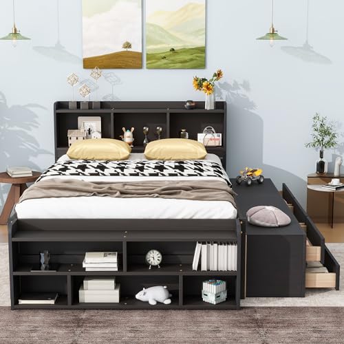 SOFTSEA Full Size Platform Bed with Storage Drawers and Bookcase Headboard, White V613109