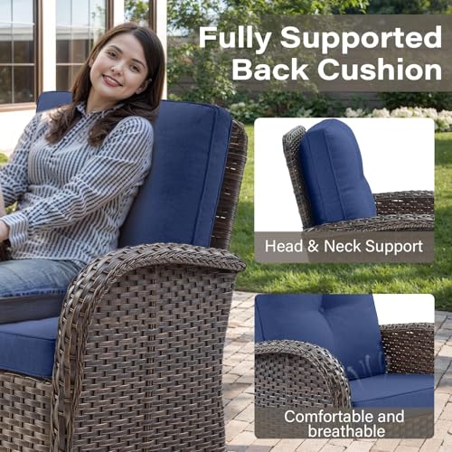Outdoor Wicker Swivel Rocker Chairs Set of 2 with Rattan Side Table, Brown/Blue B592