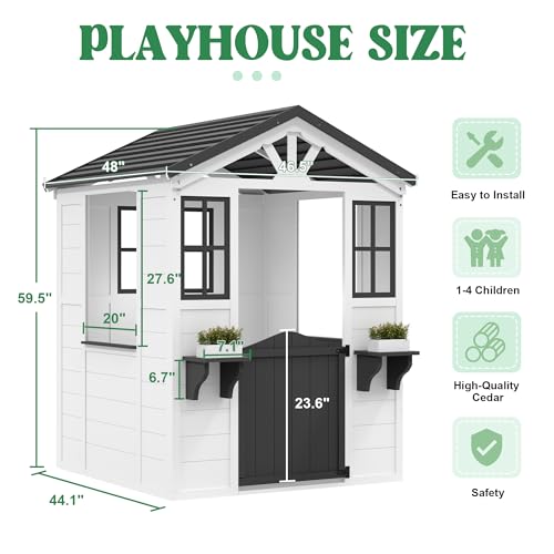 Cedar Wooden Kids Playhouse with Play Kitchen and Vinyl Roof U118424
