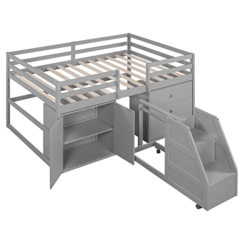 Full Size Low Loft Bed with Retractable Writing Desk and Storage Q64739