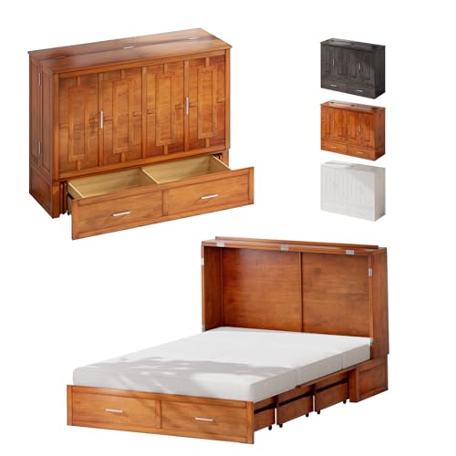 PUREMIND Queen Murphy Bed Cabinet with 2 Storage Drawers and USB Charging Station R5817