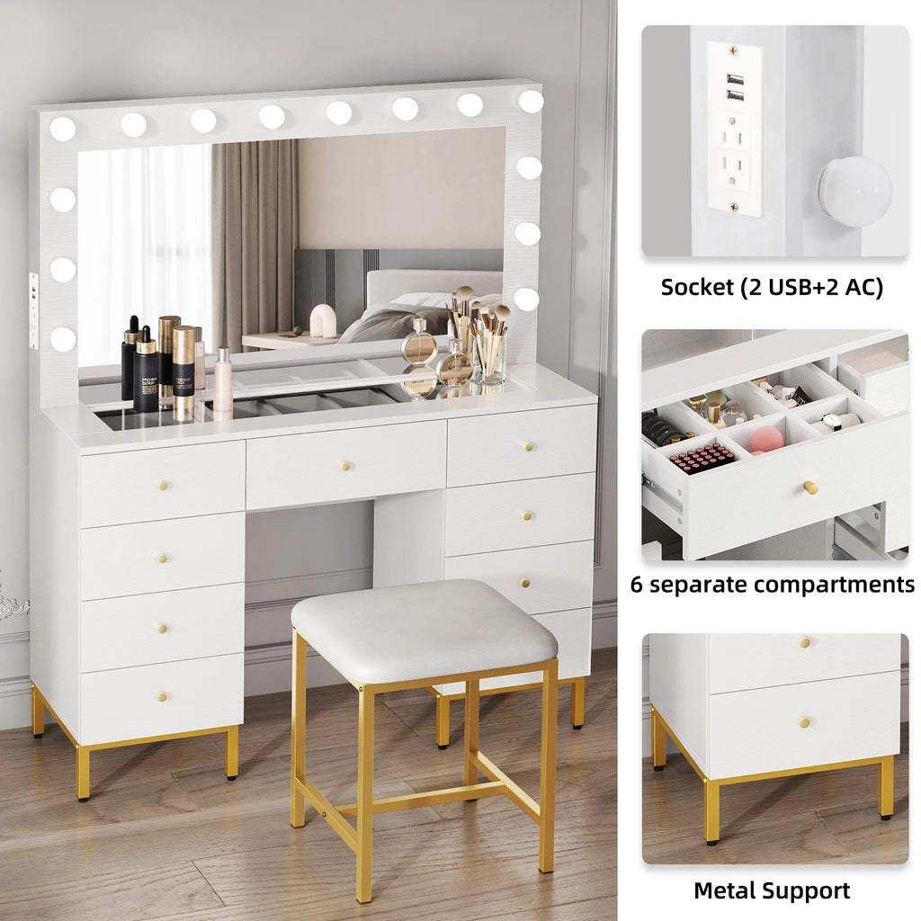 DWVO Vanity Table Set with Lighted Mirror, Charging Station & Stool D23790