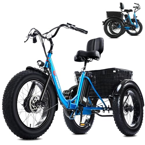 Electric Tricycle for Adults, 20" x 4.0 Fat Tire Electric Trike, Peak 750W 25MPH 36V 13Ah Lithium Battery UL Certified, Premium 80% Assembled Foldable 3 Wheel Electric Bicycle, Blue