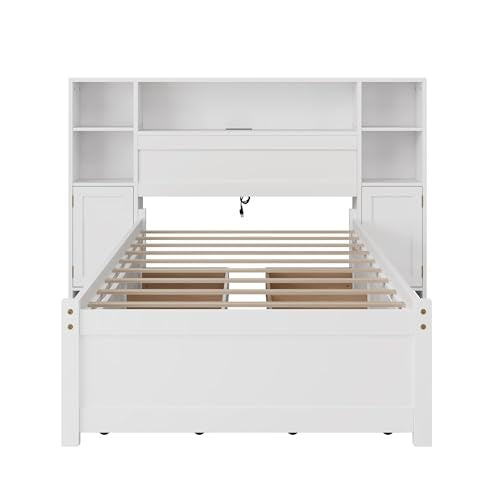 SOFTSEA Twin Size Captains Bed with 6 Storage Drawers and Bookcase Headboard, White H51434