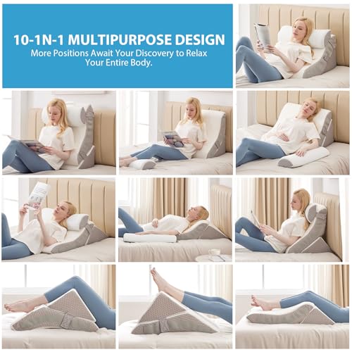 Bed Wedge Pillow for Sleeping, 9 & 12 Inch Adjustable, Memory Foam, White/Grey V501